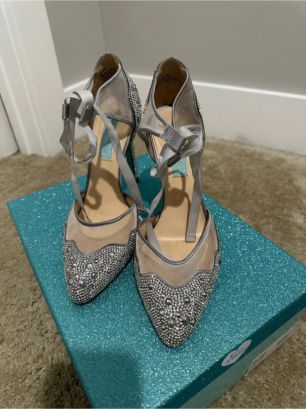 Betsey Johnson Silver Crystal-Embellished Pointed-Toe Lace-Up Heels